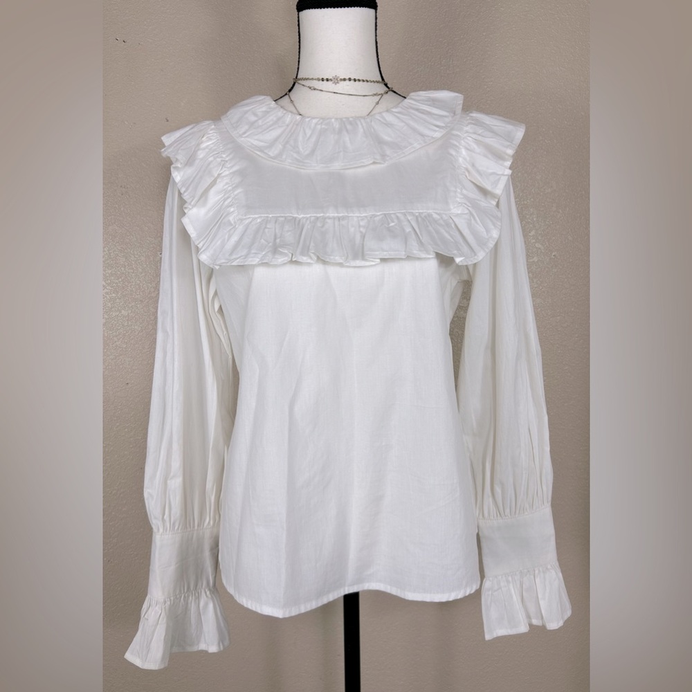 NEW WEEK& White PEASANT Long Sleeve Blouse Size M RUFFLED NECKLINE 100%COTTON